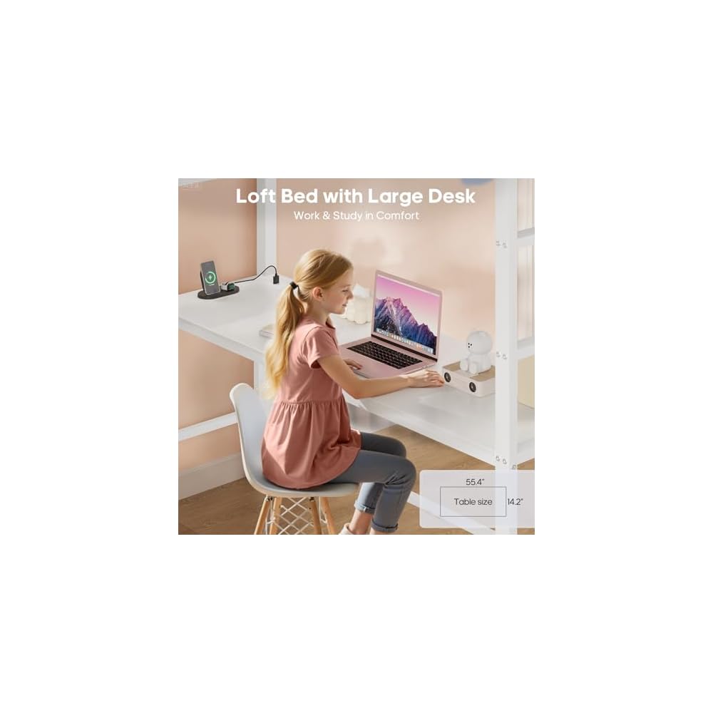Loft Bed Full Size with Desk and 8 Storage Drawers, White