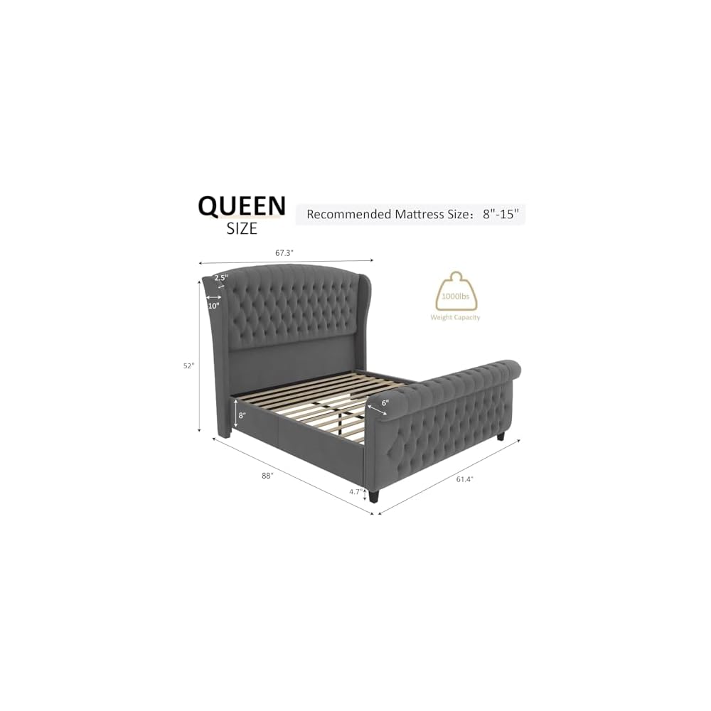 Queen Size Upholstered Sleigh Bed Frame with Wingback Headboard