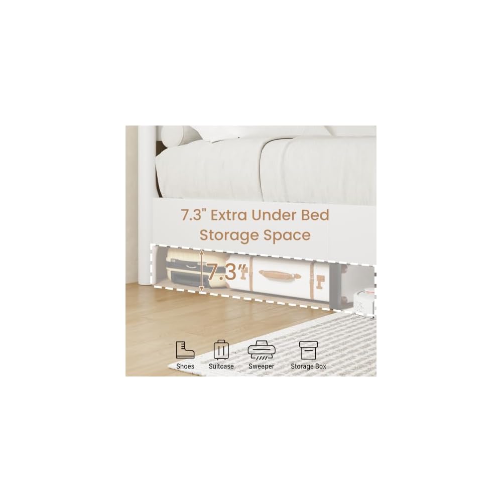 Full Size Platform Bed Frame with Wood Headboard, White