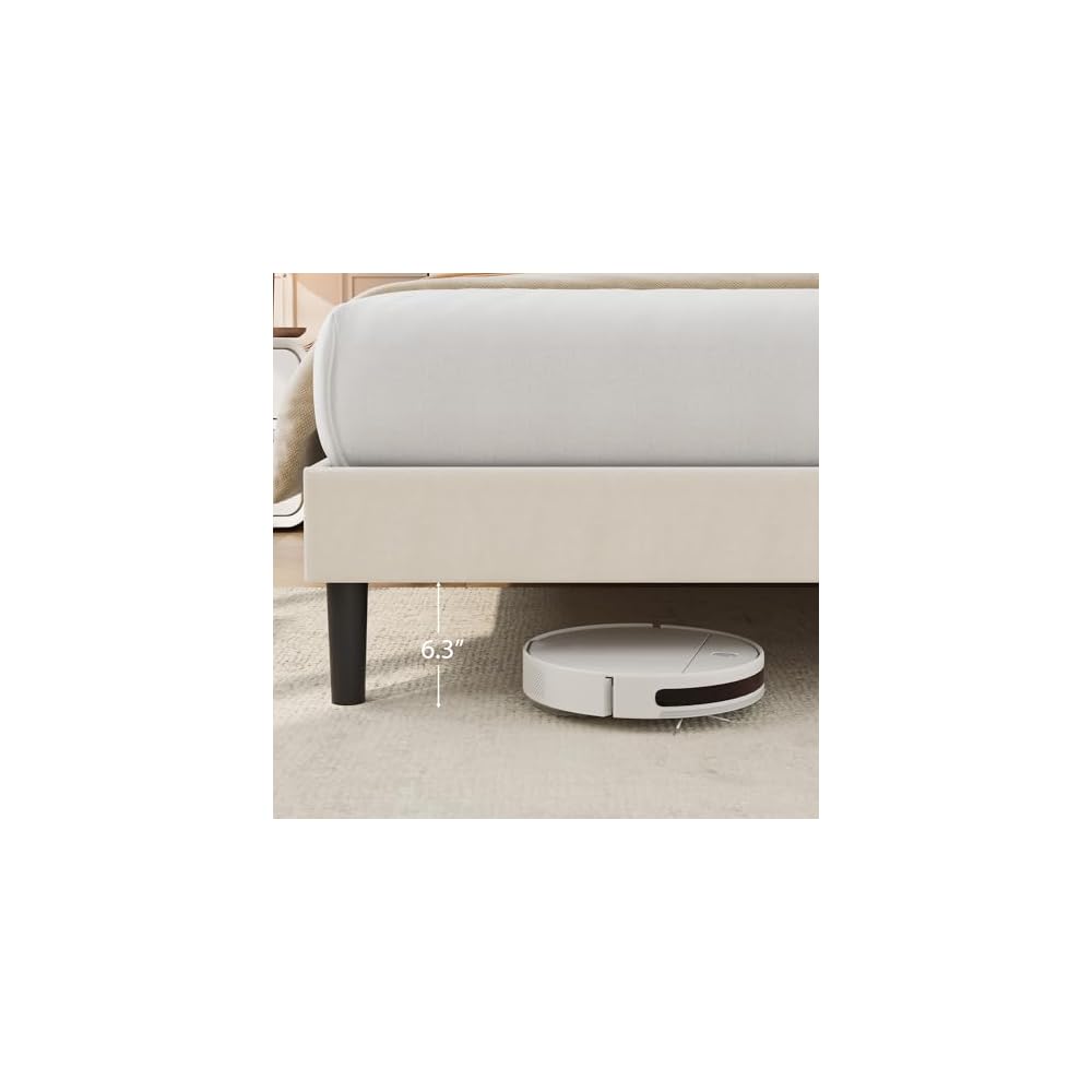 Queen Size Platform Bed Frame with Velvet Headboard, White