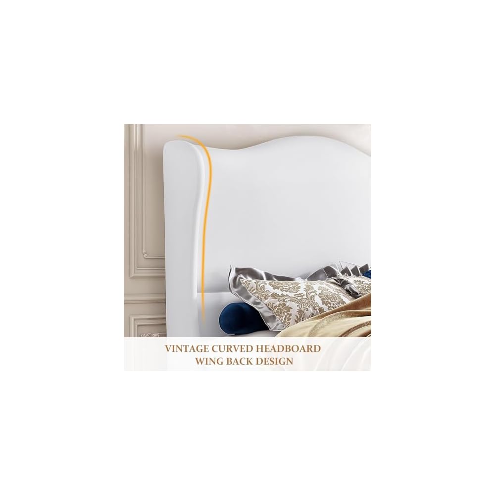 Full Size Upholstered Bed Frame with 51'' Tall Headboard, White