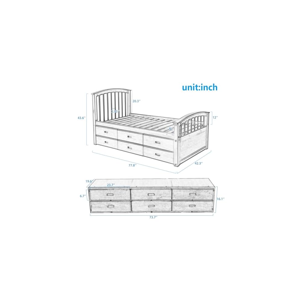 Twin Size Platform Storage Bed Solid Wood Bed with 6 Drawers