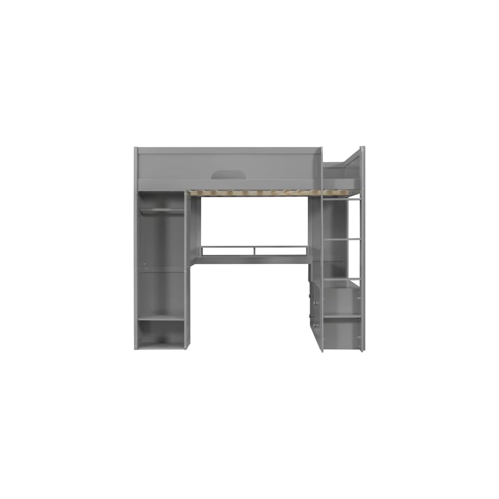 Full Size Wood Loft Bed with L-Shaped Desk, Storage Cabinet, Gray