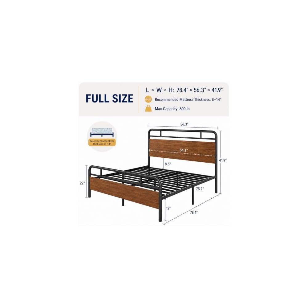 Full Size Industrial Bed Frame with Wood Panels, Walnut