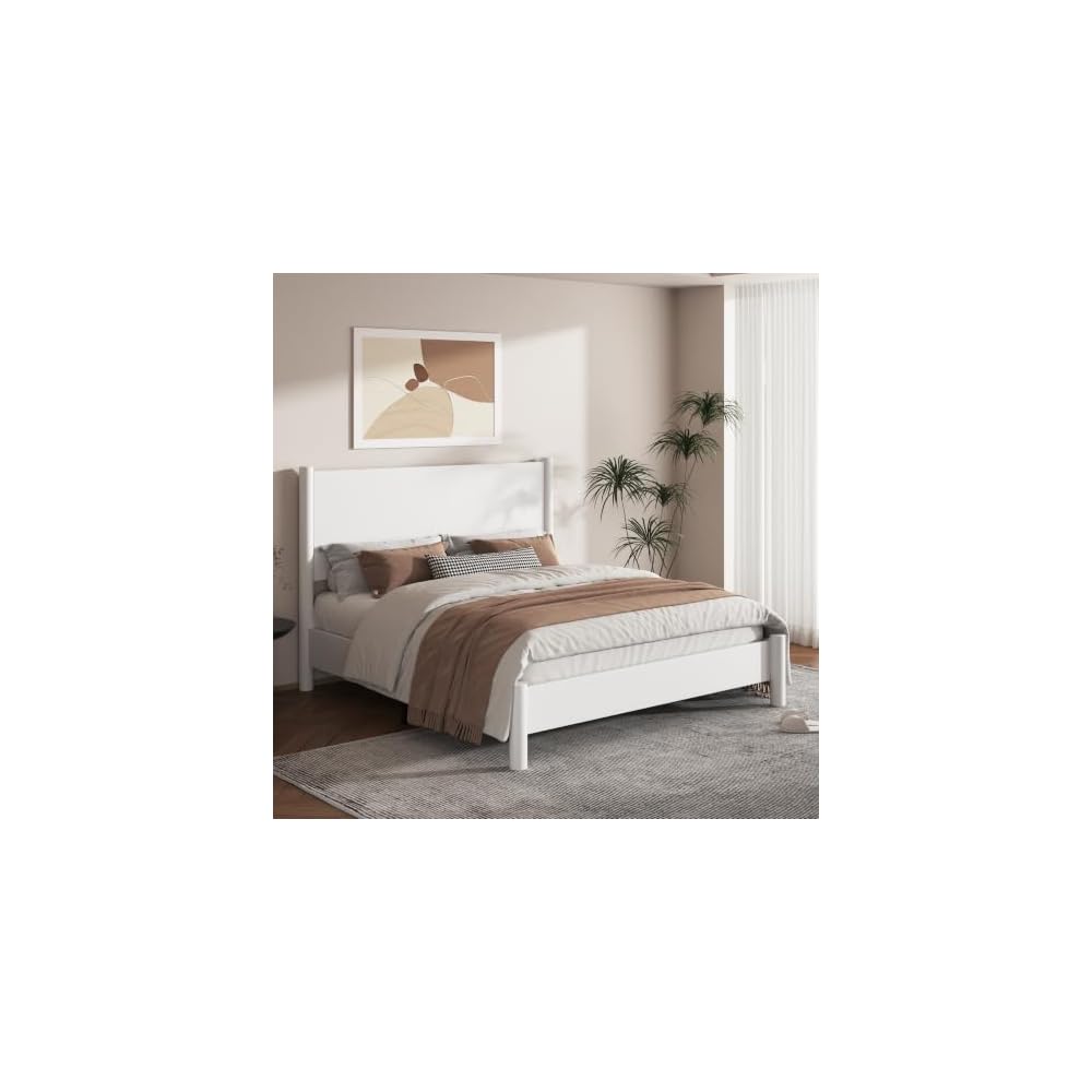 King Size Modern Minimalist Wood Platform Bed Frame, White