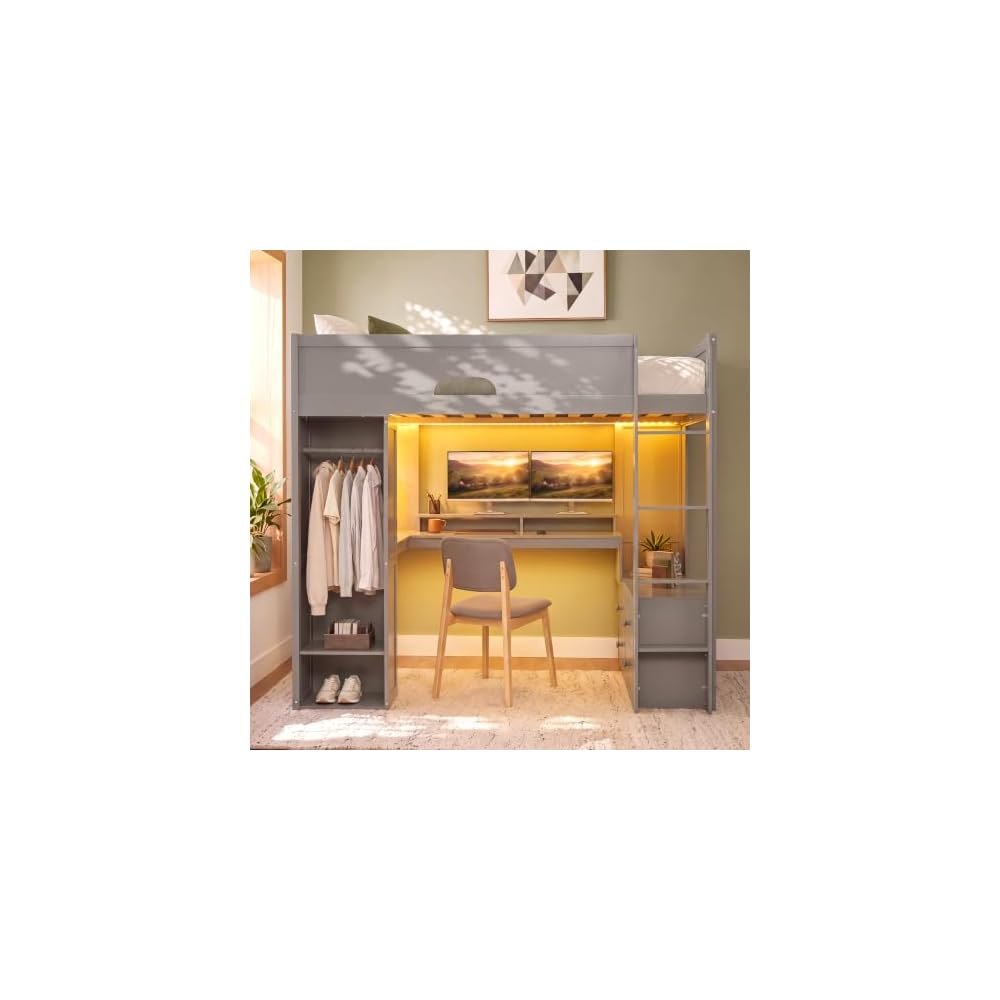 Full Size Wood Loft Bed with L-Shaped Desk, Storage Cabinet, Gray