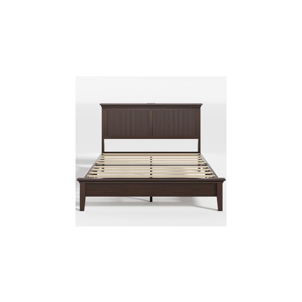 Wood Queen Bed, Solid Wood Bed With Tall Headboard, American Vintage Design, Queen Bed With Charging Station & RGB LED, Wood Slats Support, Noise-Free, Sturdy Structure, Easy Assembly, Walnut