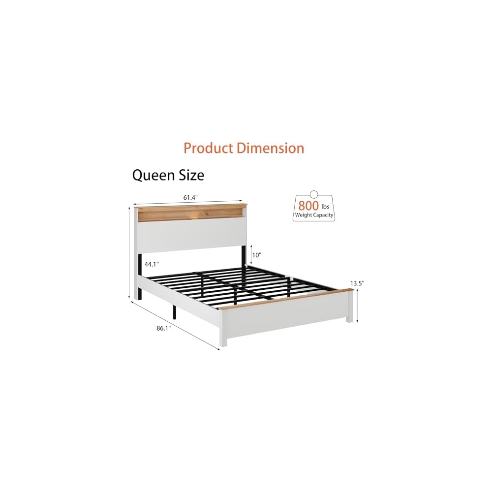 Farmhouse Wooden Bed Frame with Storage Headboard and Touch LED for Bedroom, Queen Size Platform Bed with Dual USB Ports and Metal Slats Support, No Box Spring Needed
