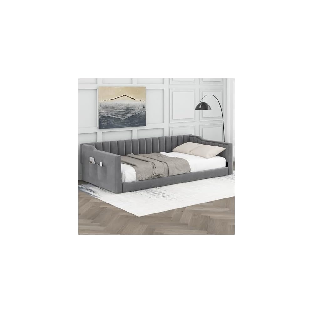 Twin XL Size Upholstery Daybed and Side Storage Pocket, Velevet Sofa Bed with Backrest and Two Armrest for Guest Room, Living Room, Gray
