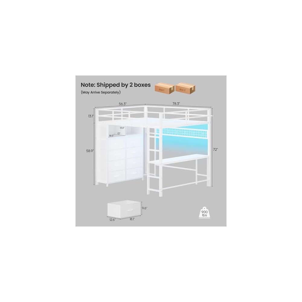 Loft Bed Full Size with Desk and 8 Storage Drawers, White