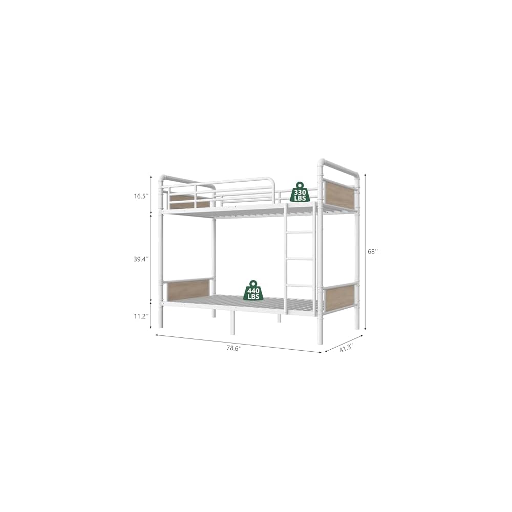 Metal Bunk Bed Twin Over Twin, Industrial Bunkbeds Heavy Duty Bed with Safety Guard Rails and Space-Saving Design, Steel Bed for School, Bedroom (White)