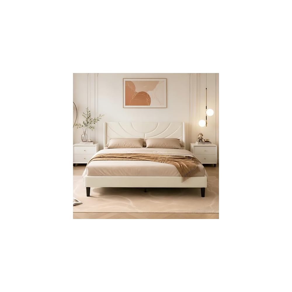 Upholstered Platform Queen Size Bed Frame with Fabric Headboard,Wooden Slats Support/No Box Spring Needed/Mattress Foundation,Beige