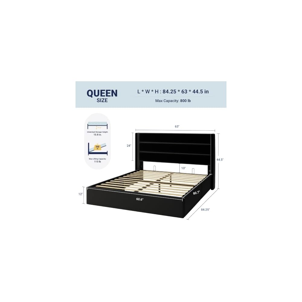 Queen Size Lift Up Hydraulic Storage Bed Frame Black