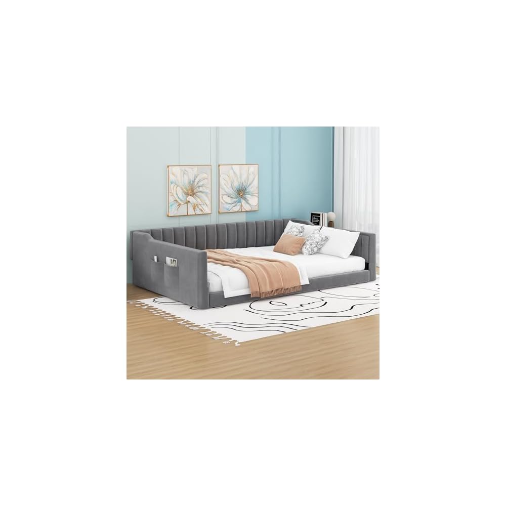 Full XL Size Daybed, Upholstery Day Bed Frame with Channel Tufted Backrest and Armrest, Floor Bed with Side Pockets,Solid Wood Slat Support, No Box Spring Needed,Gray