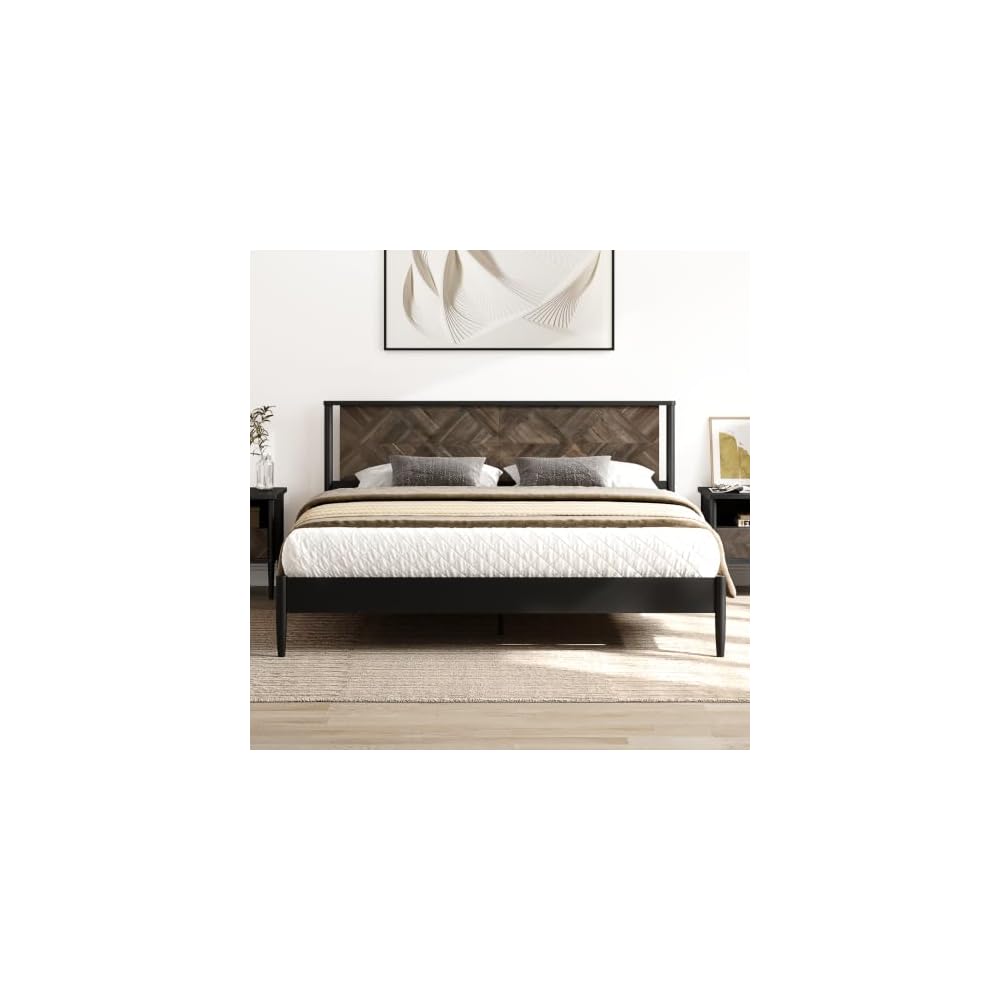 Lenia Solid Wood King Bed Frame with Tall Headboard, Mocha Black