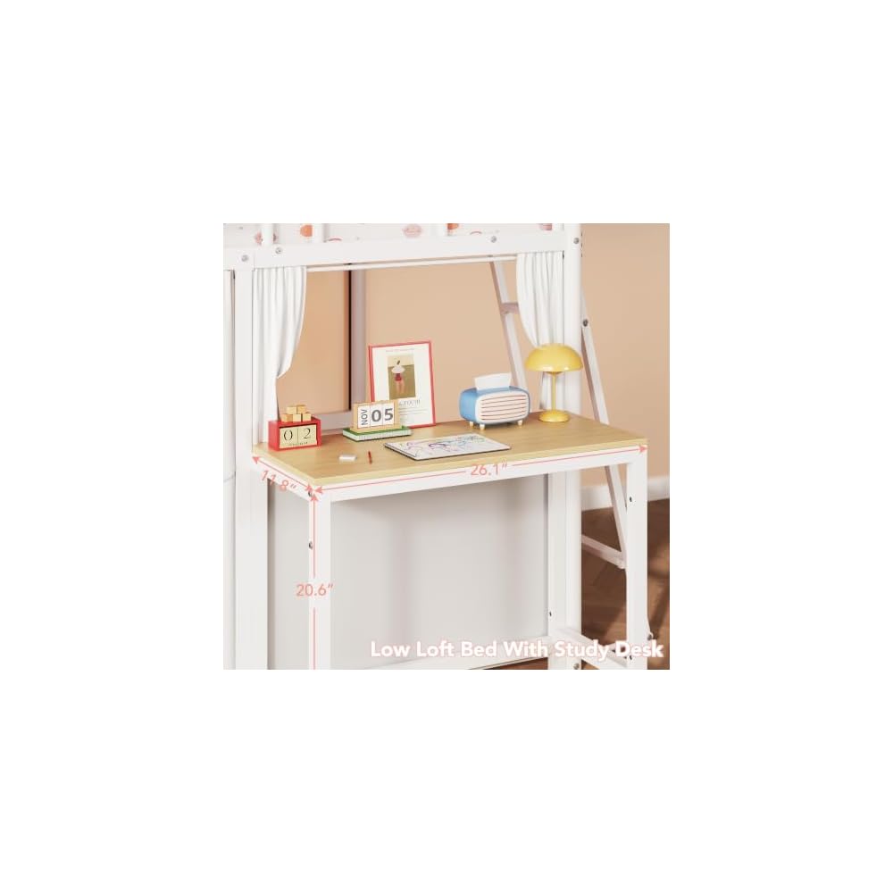 Twin Low Loft Bed with Desk & 4 Storage Drawers, Smart LED Lights, White