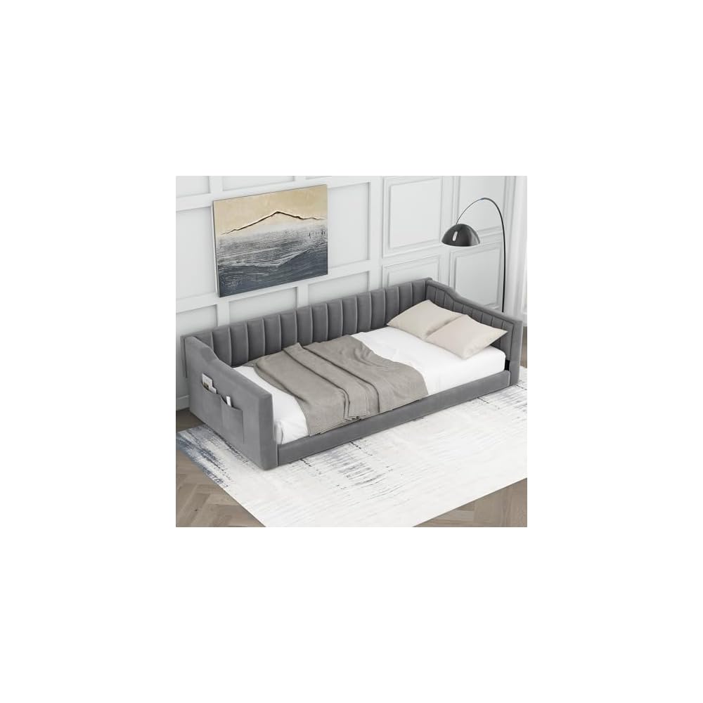 Twin XL Size Upholstery Daybed and Side Storage Pocket, Velevet Sofa Bed with Backrest and Two Armrest for Guest Room, Living Room, Gray
