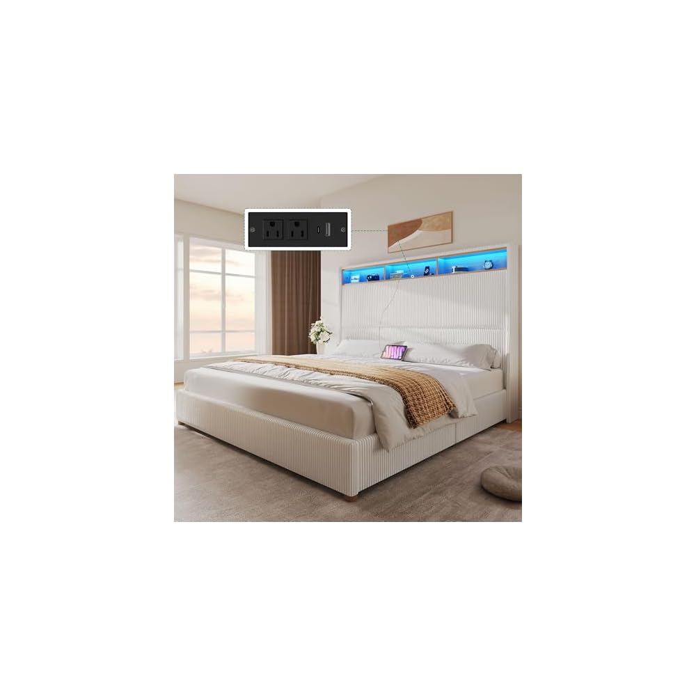 King Size Bed Frame with Charging Station and RGB LED Lights