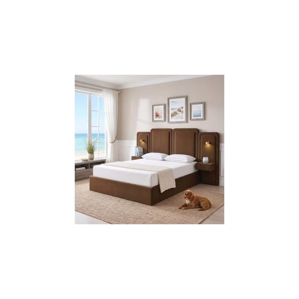King Lift Up Storage Bed with 53" Tall Headboard & 2 Nightstands, Brown