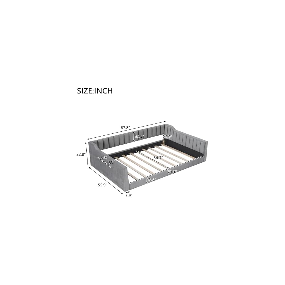 Full XL Size Daybed, Upholstery Day Bed Frame with Channel Tufted Backrest and Armrest, Floor Bed with Side Pockets,Solid Wood Slat Support, No Box Spring Needed,Gray