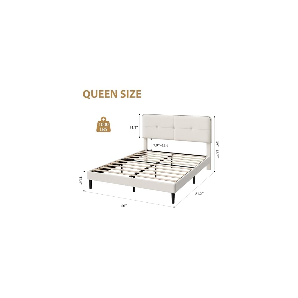 Queen Size Platform Bed Frame with Velvet Headboard, White