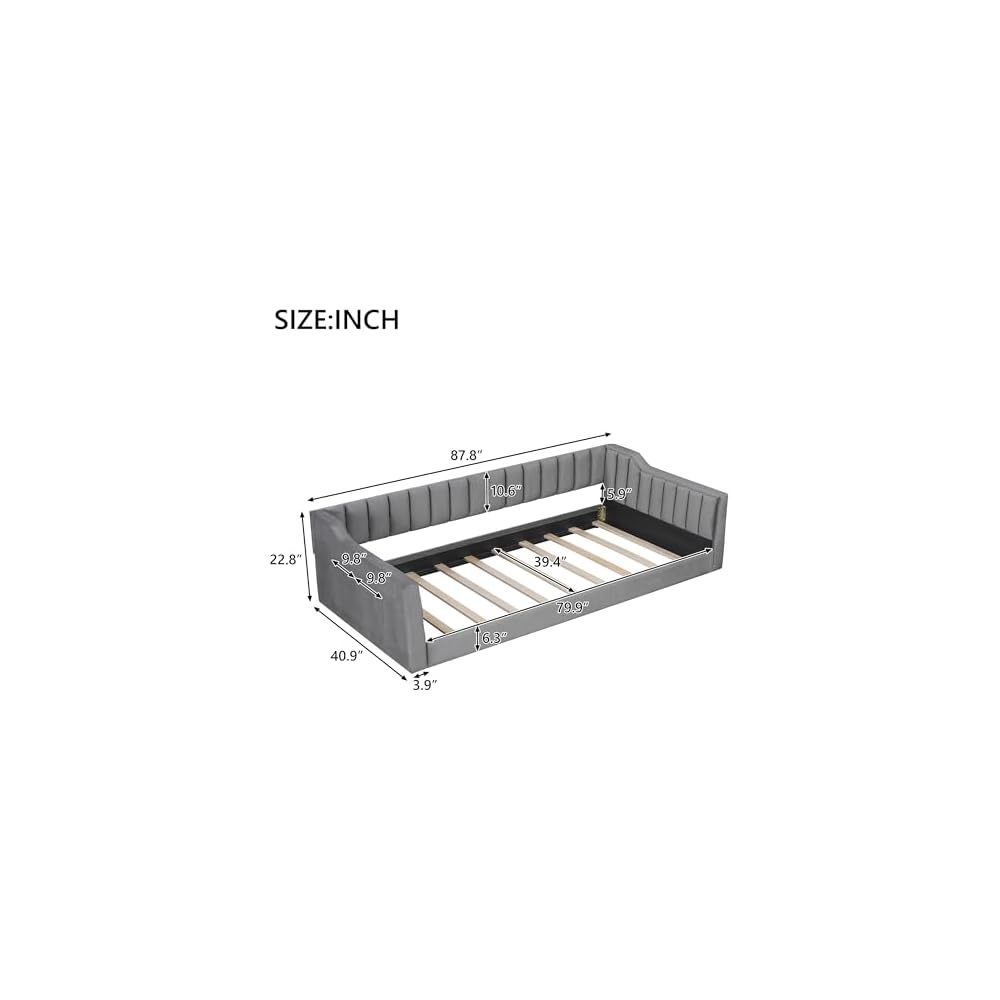 Twin XL Size Upholstery Daybed and Side Storage Pocket, Velevet Sofa Bed with Backrest and Two Armrest for Guest Room, Living Room, Gray