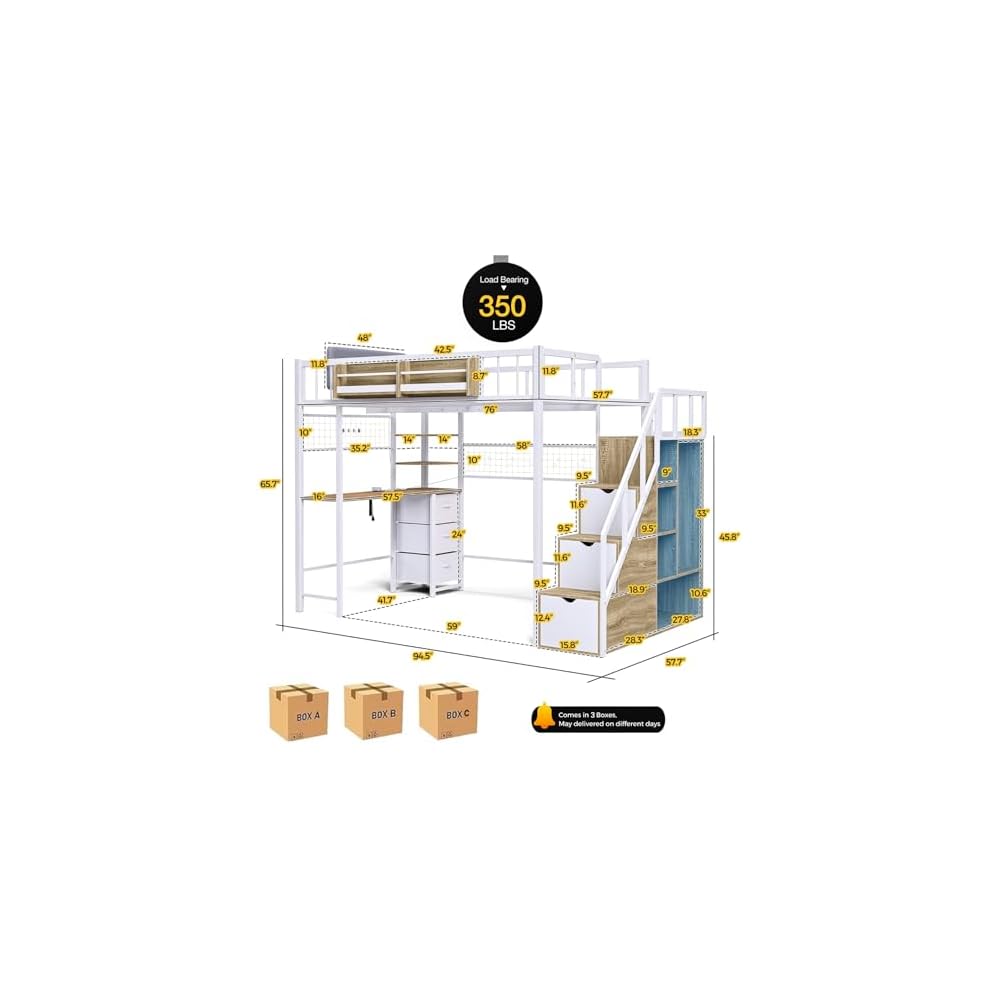 Loft Bed with Desk and Stairs, Headboard, Outlet (White, Full)