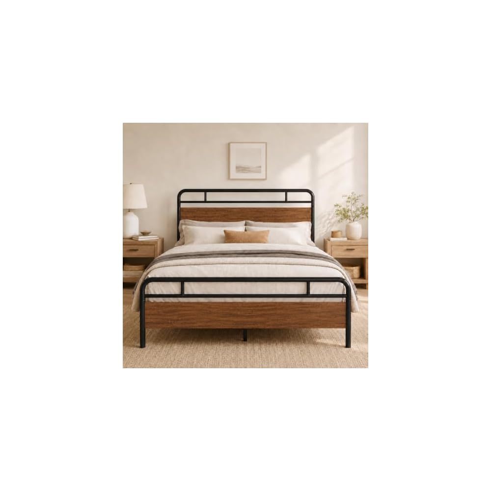 Full Size Industrial Bed Frame with Wood Panels, Walnut