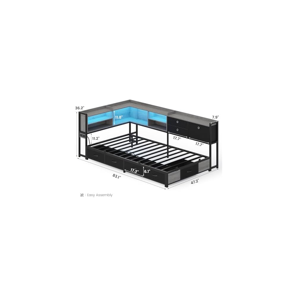 Corner Bed Frame with Charging Station & Led Lights, Black & Gray