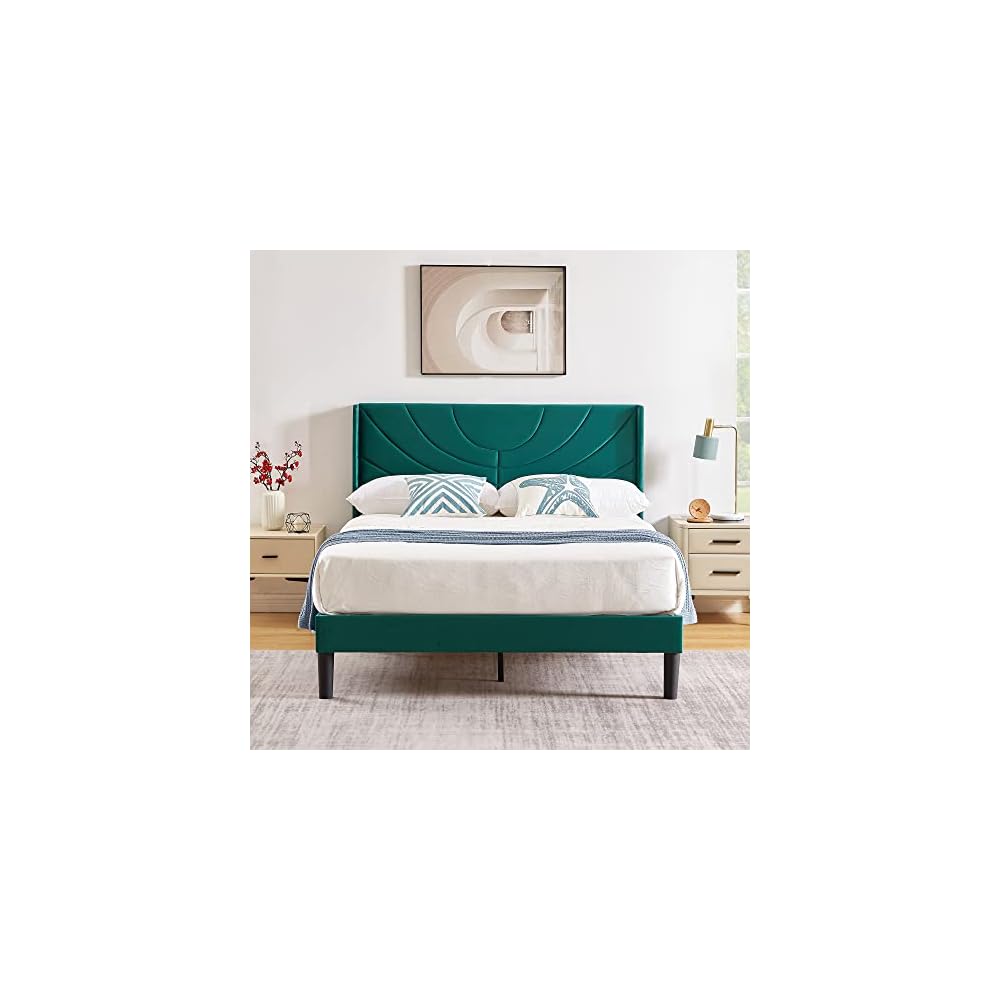 Queen Bed Frame Upholstered Platform with Fabric Headboard,Wooden Slats Support/No Box Spring Needed/Mattress Foundation,Dark Green