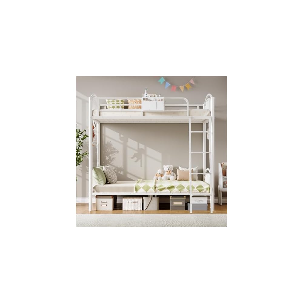 Metal Bunk Bed Twin Over Twin with Storage Bag, 2 Twin Size Beds with Safety Guard Rails and Anti-tip Nails for Teenager,Girls or Boys (White)