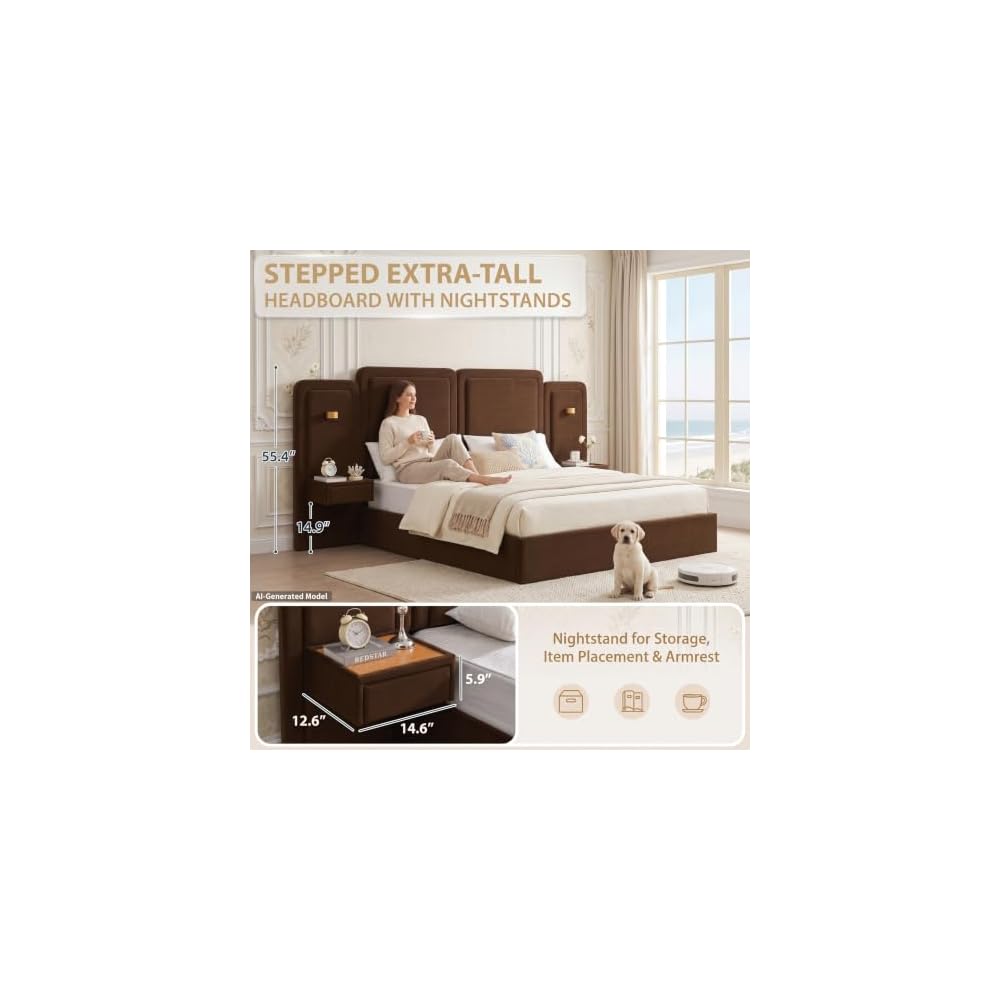 King Lift Up Storage Bed with 53" Tall Headboard & 2 Nightstands, Brown