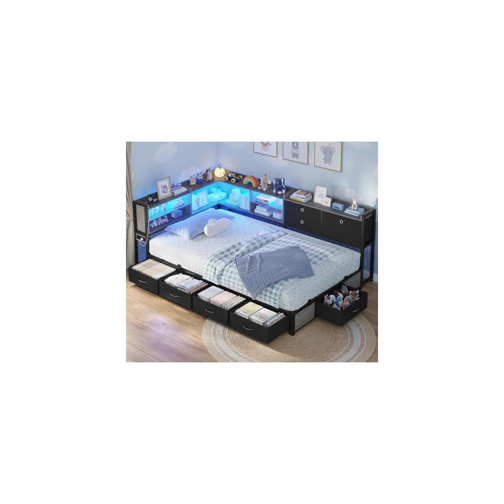 Corner Bed Frame with Charging Station & Led Lights, Black & Gray