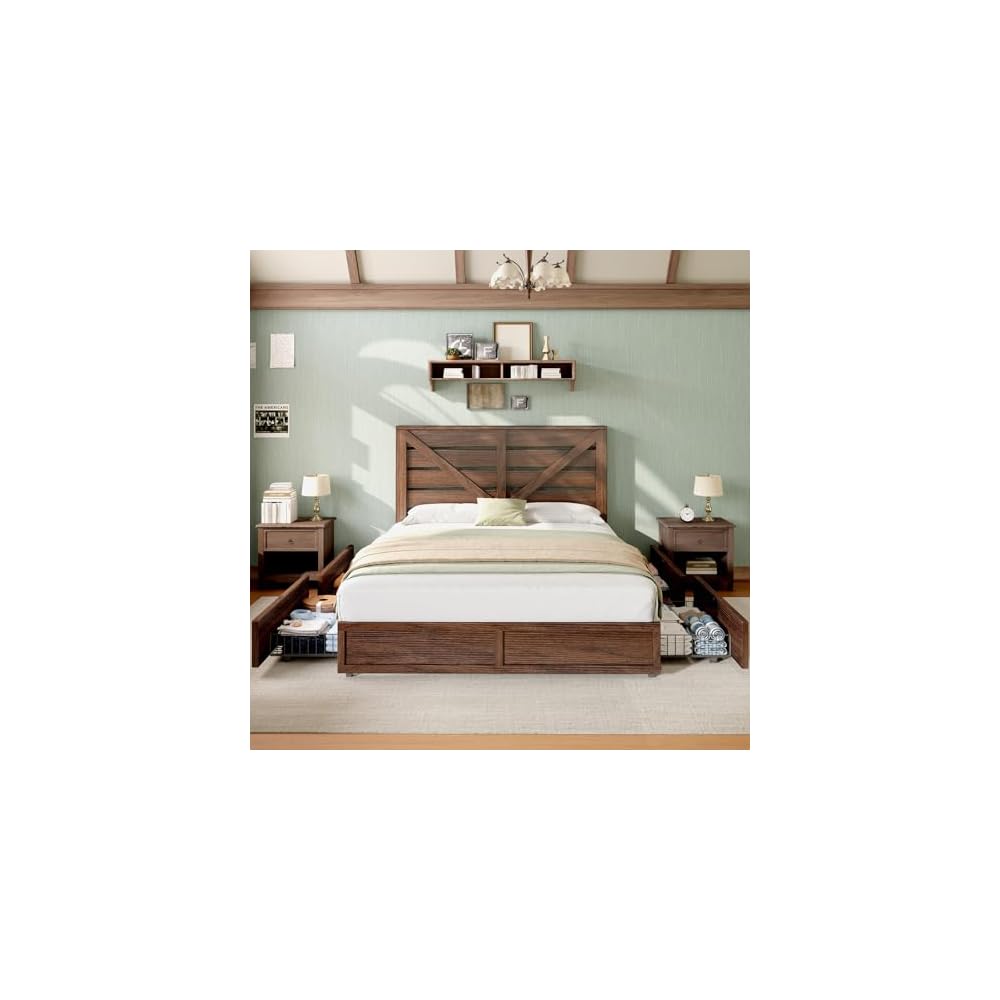 Queen Size Farmhouse Bed Frame with 4 Storage Drawers