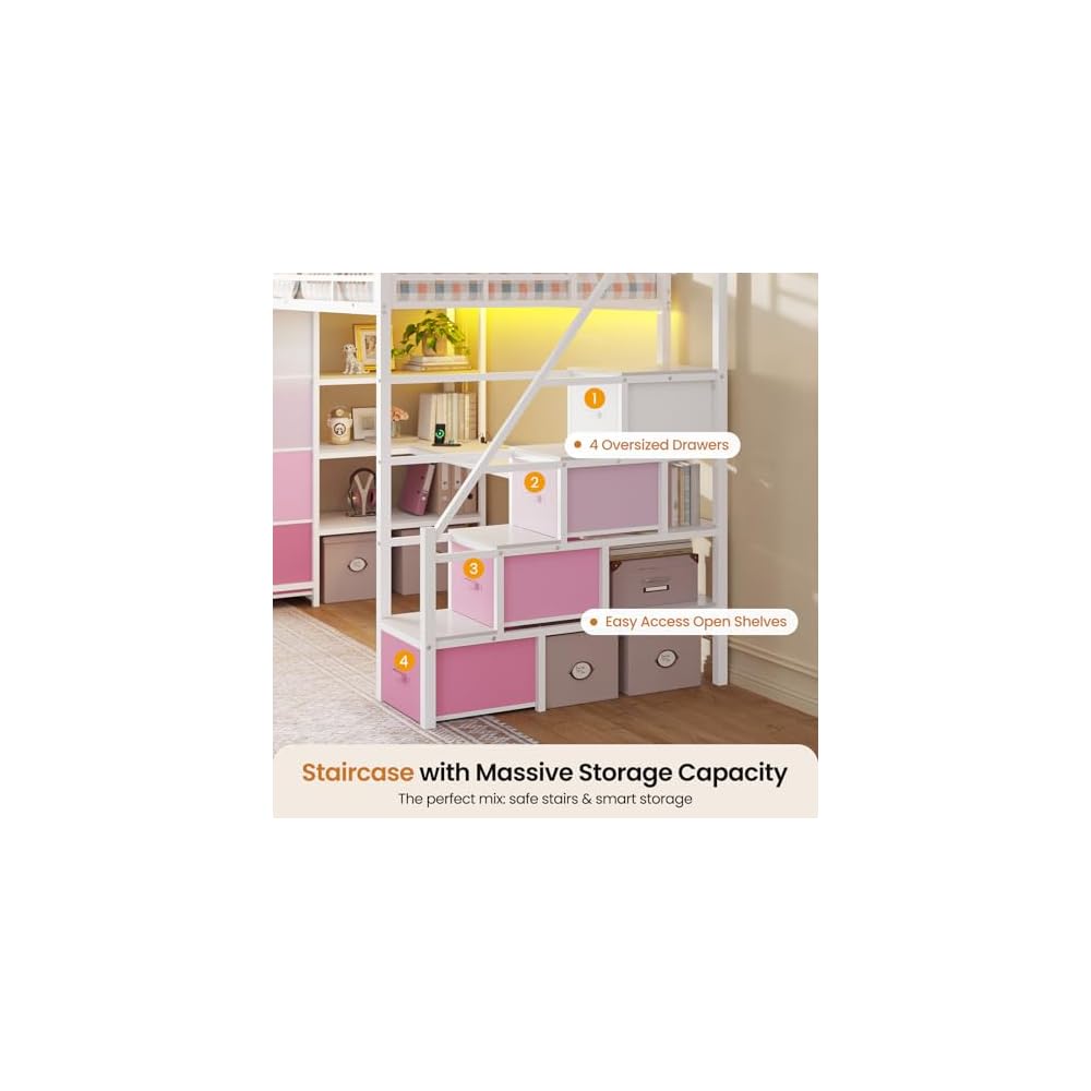 Loft Bed Twin Size with Storage Stairs,Desk and Power Strips,Metal Twin Loft Bed with LED Lights,8 Storage Drawers &Open Shelves,Loft Beds for Kids,Teens,Adults with Safety Guardrail,White+Pink