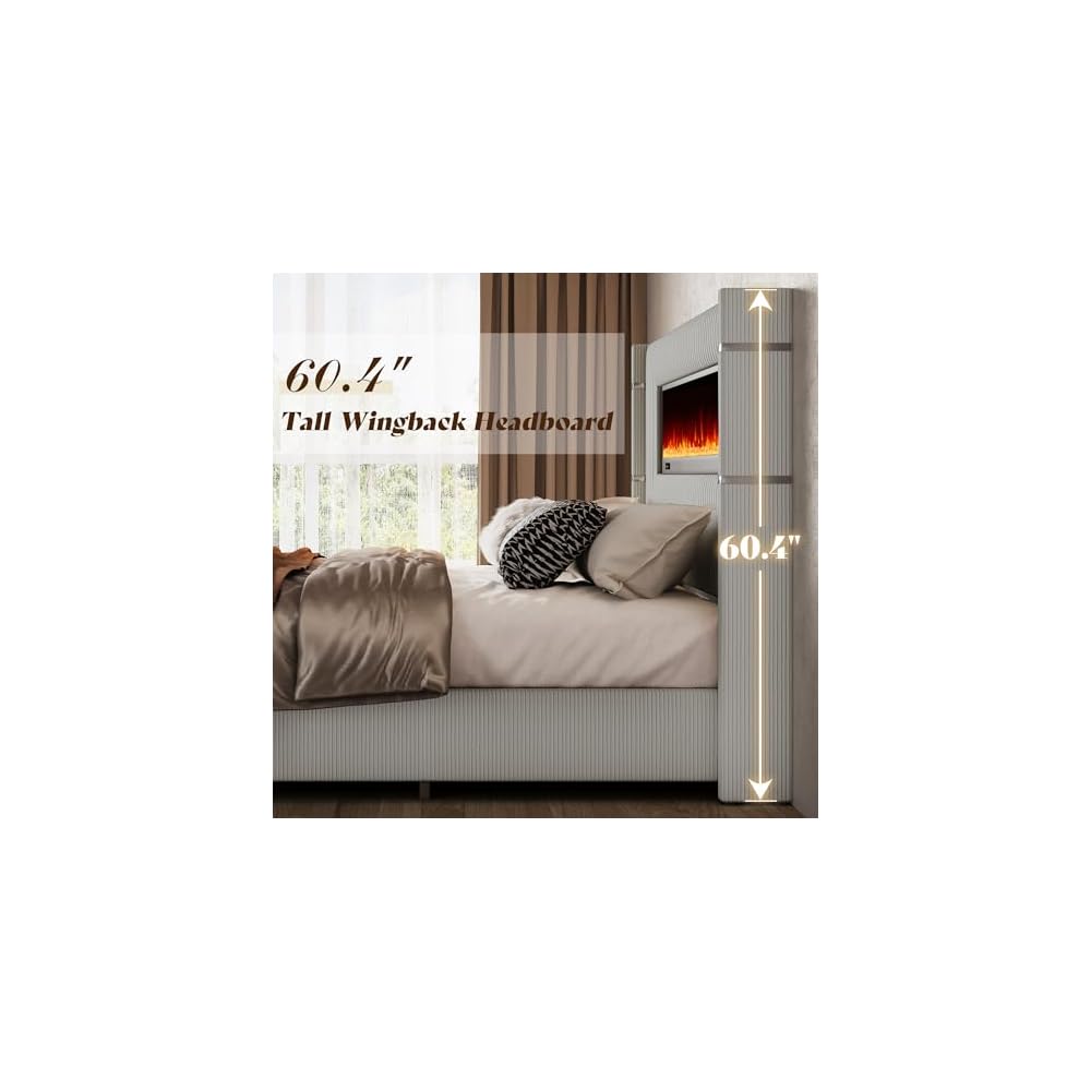 Cal King Fireplace Bed Frame, Upholstered Headboard, Light Gray