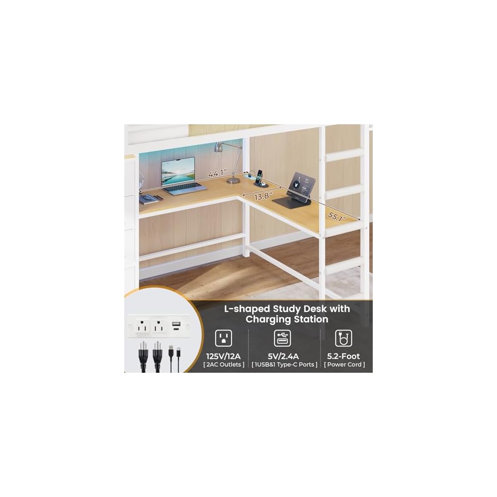 Full Loft Bed with L-Shaped Desk and 7 Storage Drawers, Metal Full Size Loft Bed for Teen with LED Lights and Charging Station,13.11" H Safety Guardrail and Ladder,No Box Spring Needed, White