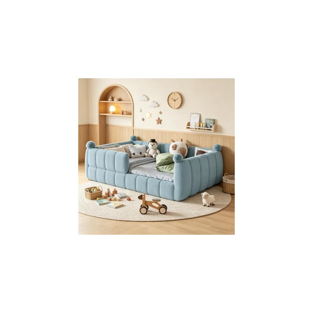 Queen Upholstered Floor Bed with Fence, Blue