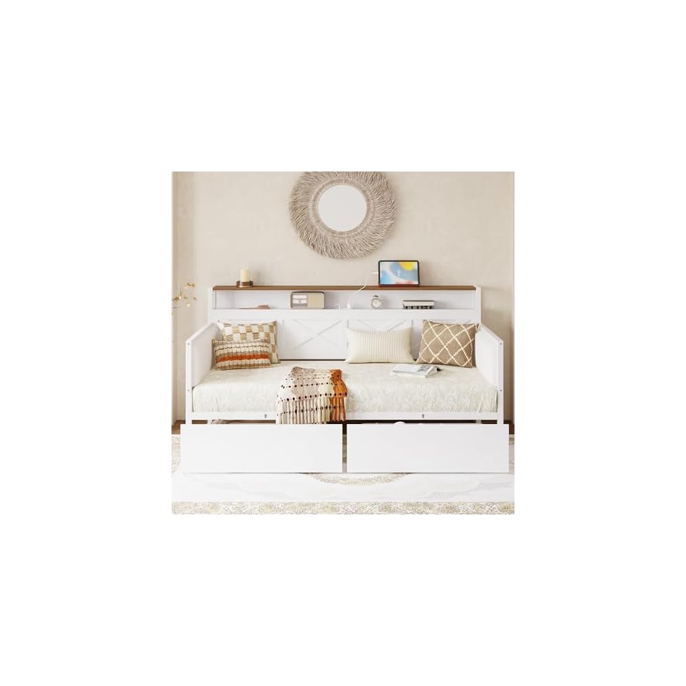 Twin Size Daybed with Storage Drawers, Charging Station, White