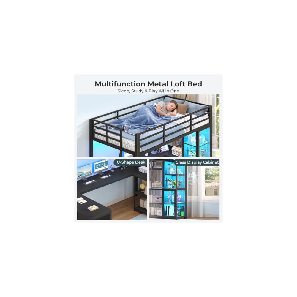 Gaming Loft Bed Twin Size with U Shape Desk, Display Cabinet,Black