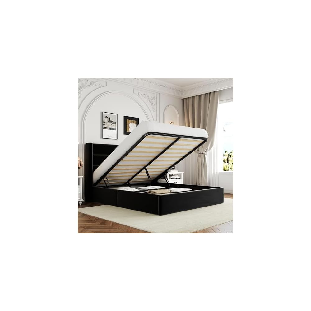 Queen Size Lift Up Hydraulic Storage Bed Frame Black