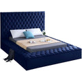 King Bed, Solid Wood Frame, Navy Tufted Velvet Fabric, 96" W x 98" D x 60.5" H, Storage Rails, Footboard, Full Slats, Modern Style Bedroom Furniture