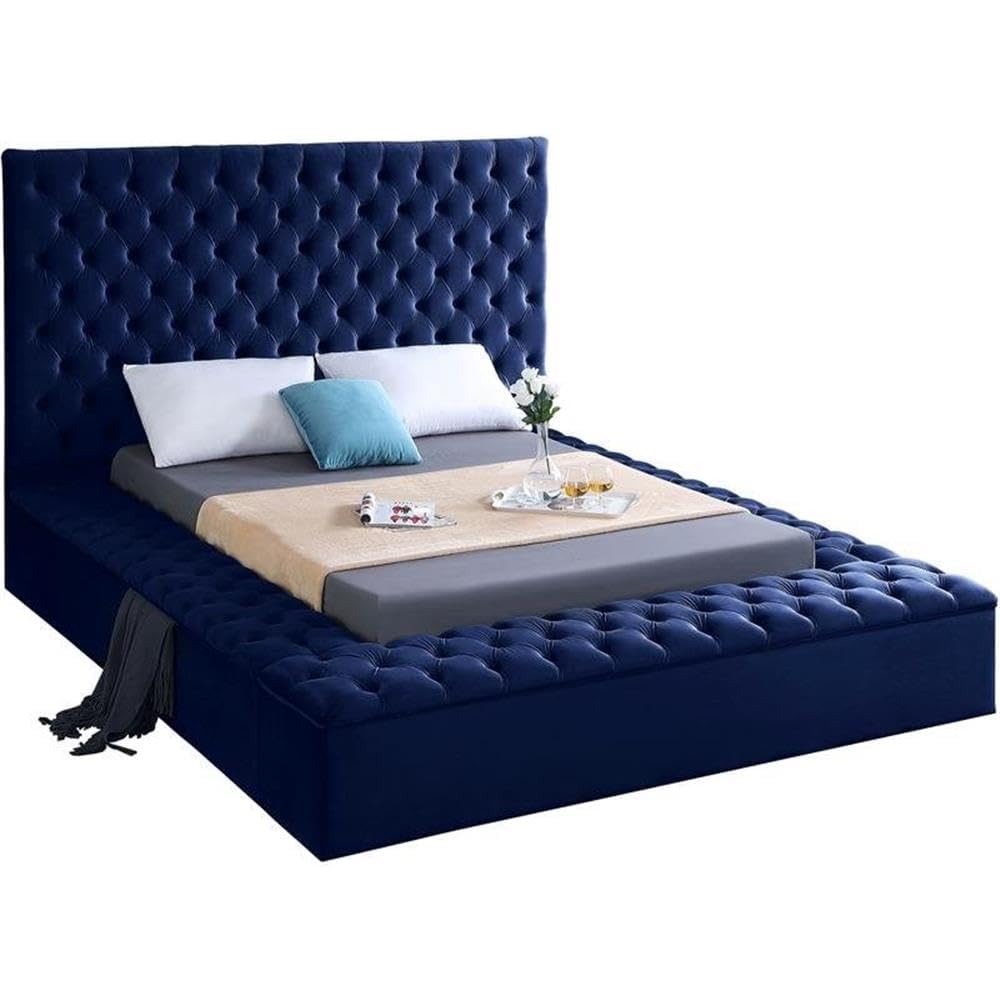 King Bed, Solid Wood Frame, Navy Tufted Velvet Fabric, 96" W x 98" D x 60.5" H, Storage Rails, Footboard, Full Slats, Modern Style Bedroom Furniture
