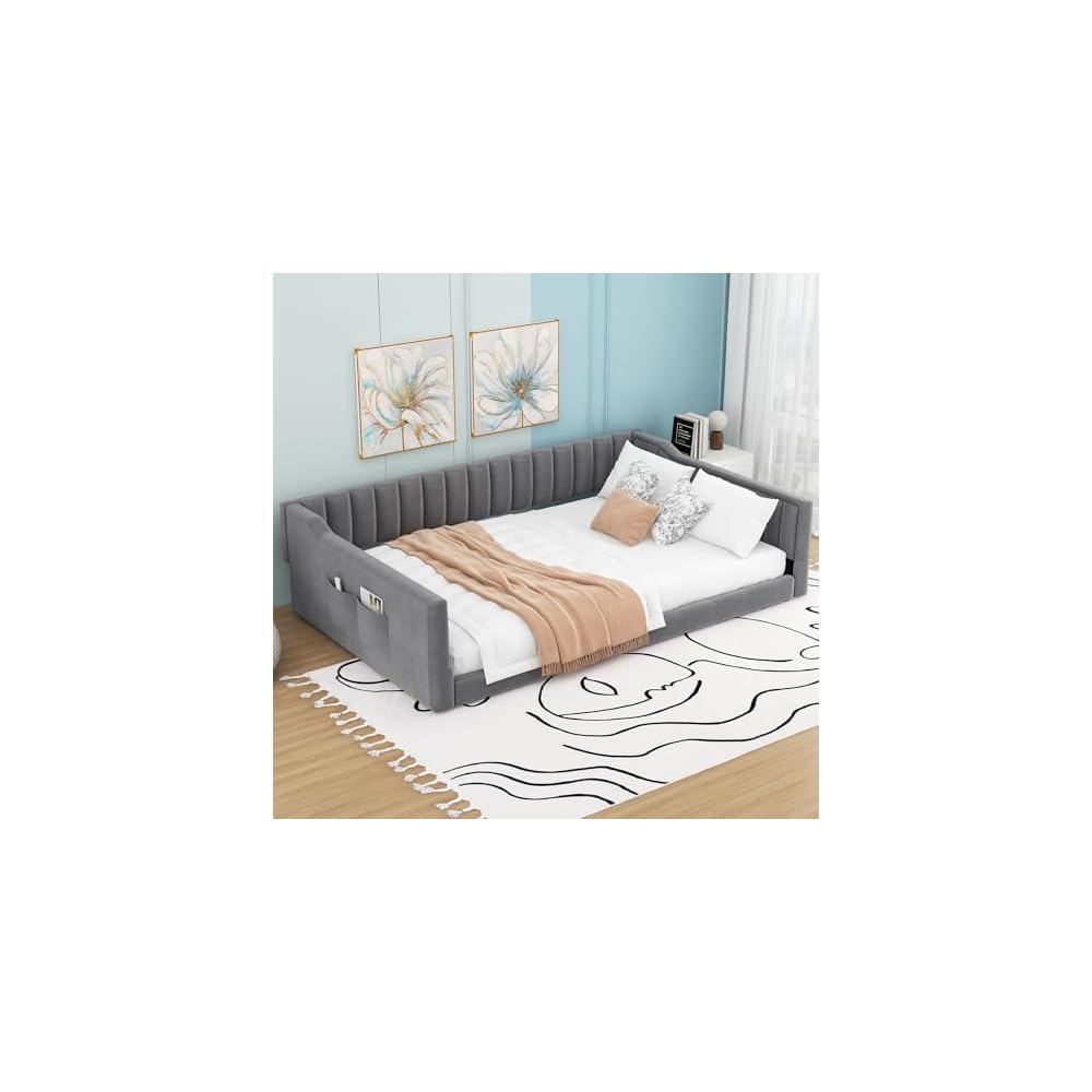 Full XL Size Daybed, Upholstery Day Bed Frame with Channel Tufted Backrest and Armrest, Floor Bed with Side Pockets,Solid Wood Slat Support, No Box Spring Needed,Gray
