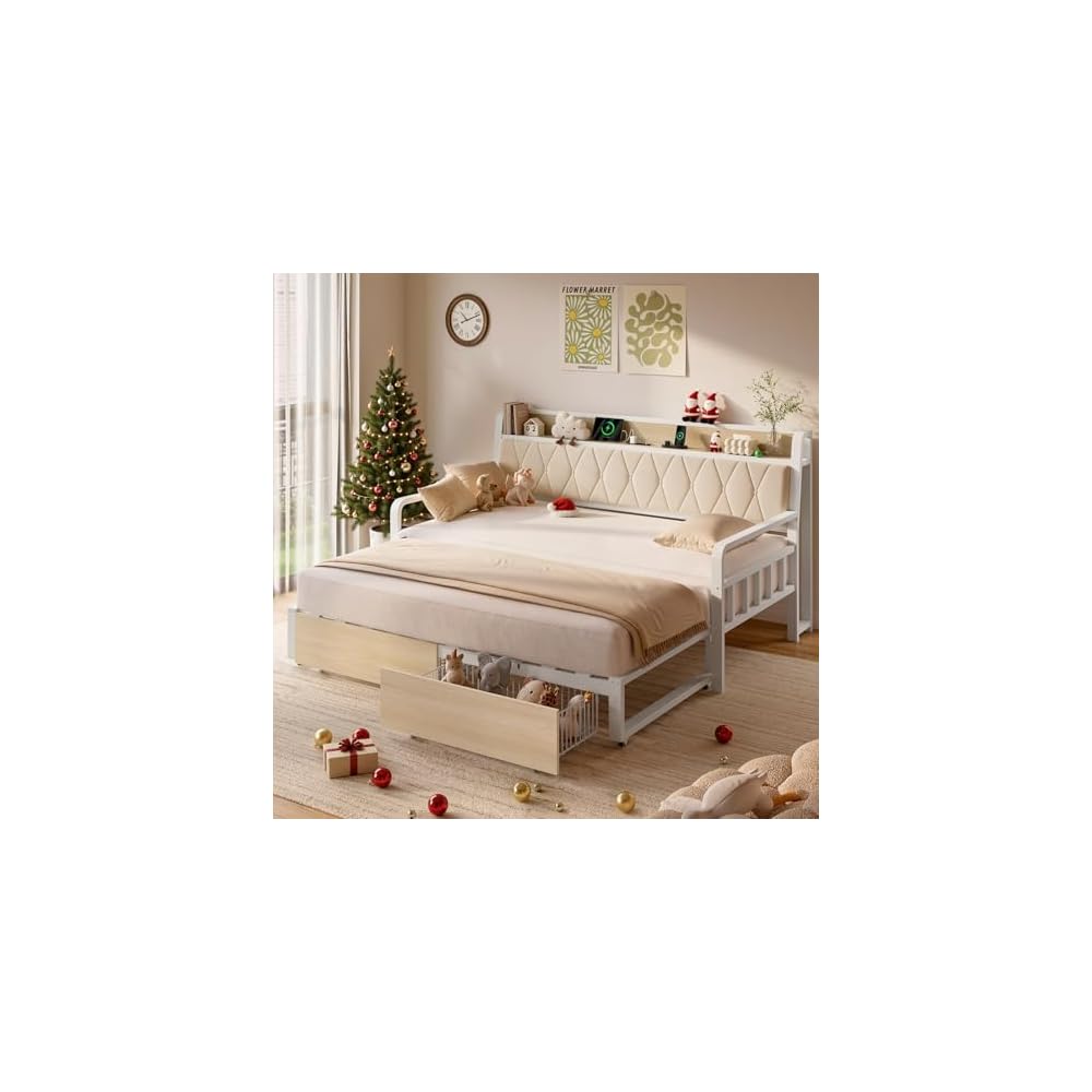 Twin Daybed with Pop up Trundle, Twin to King Daybed, White
