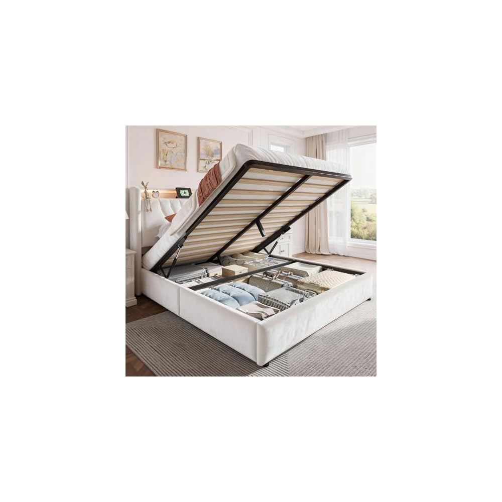 Queen Velvet Lift Up Storage Bed Frame with Charging & LED, Beige