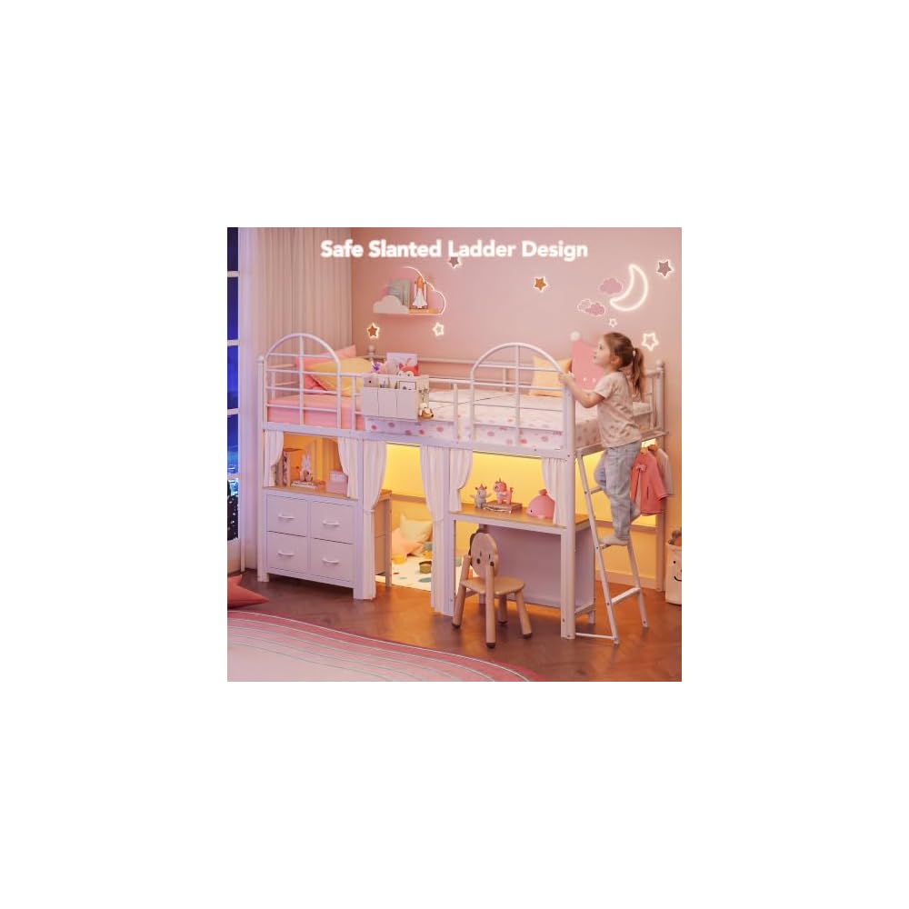 Twin Low Loft Bed with Desk & 4 Storage Drawers, Smart LED Lights, White