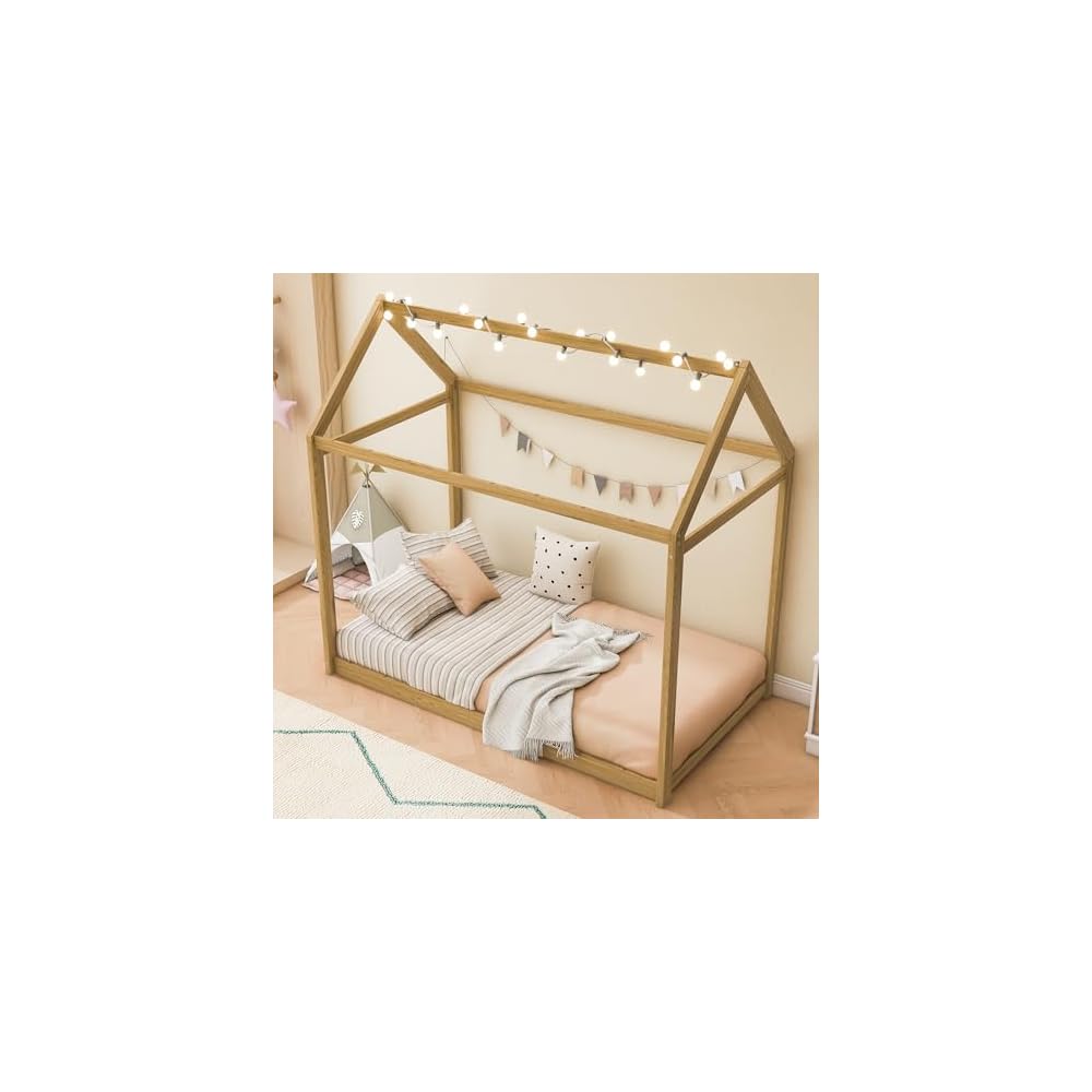 Twin Size House Bed Frame with LED Lights, Solid Wood Montessori Floor Bed, Low Platform Kids Play House Bed for Boys Girls Bedroom, Natural Wood Finish