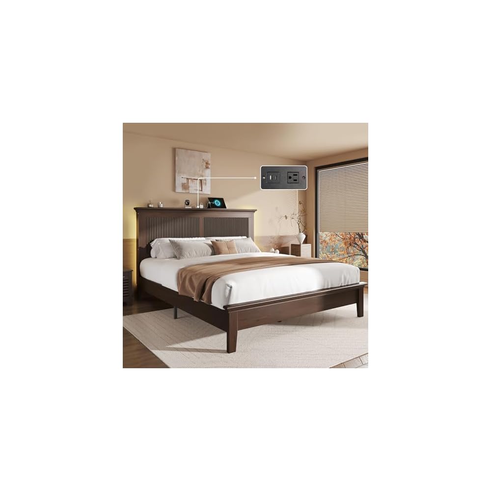 Wood Queen Bed, Solid Wood Bed With Tall Headboard, American Vintage Design, Queen Bed With Charging Station & RGB LED, Wood Slats Support, Noise-Free, Sturdy Structure, Easy Assembly, Walnut