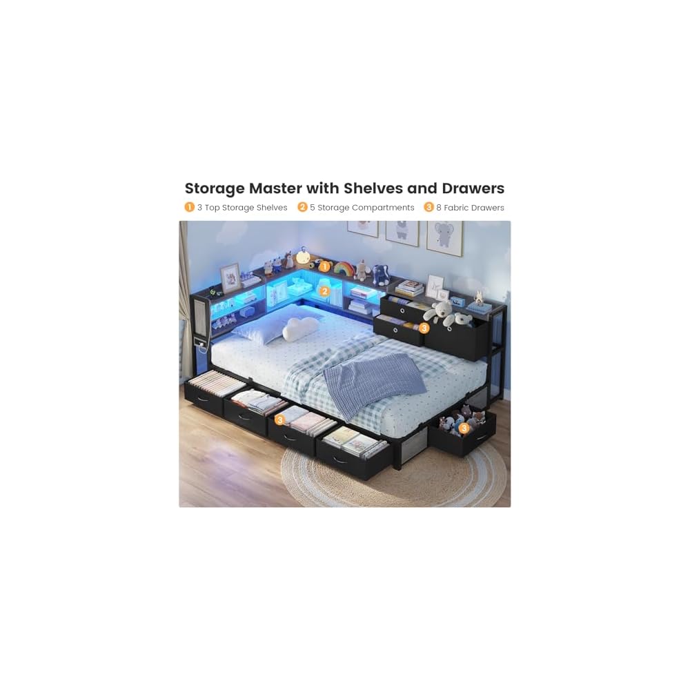 Corner Bed Frame with Charging Station & Led Lights, Black & Gray